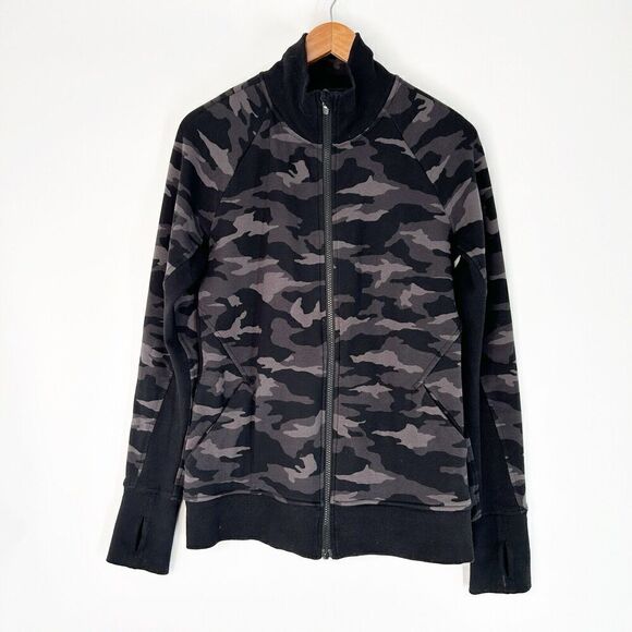 Athleta Triumph Camo Full Zip Sweater Track Jacket Black Medium Tall - Picture 2 of 5